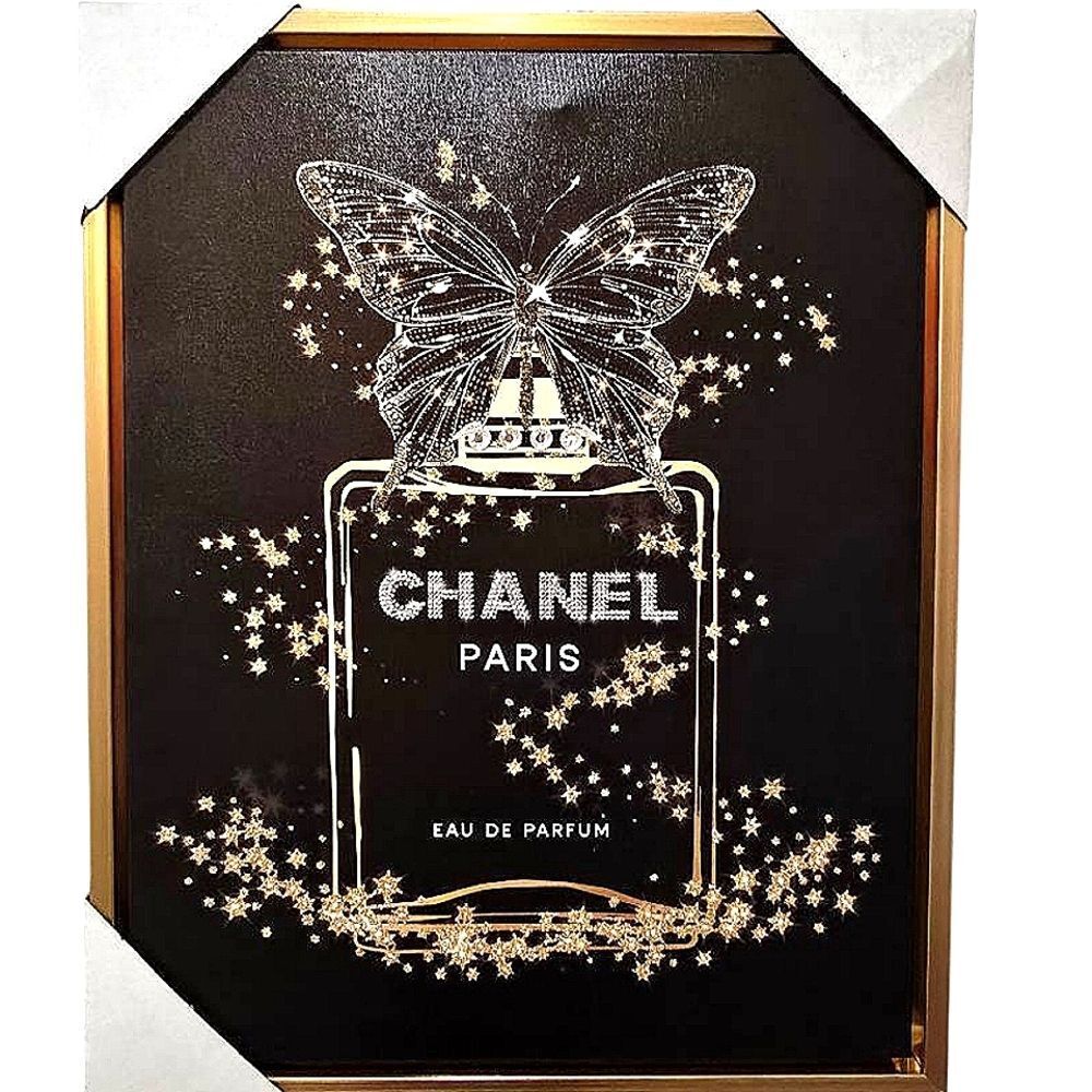 At Home Rhinestone Embellished Chanel Parfum Butterfly Framed Canvas Wall Decor